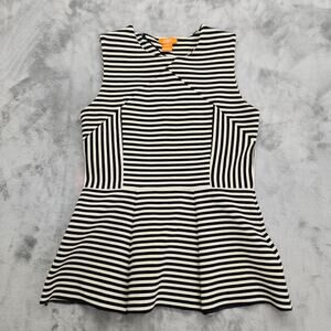 Joe Fresh Top Womens M Black Cream Striped Sleeveless Peplum Stretch Knit Zip